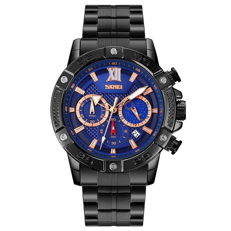 Stainless Steel Men Moonphase Quartz Watch with Strap - Black Blue