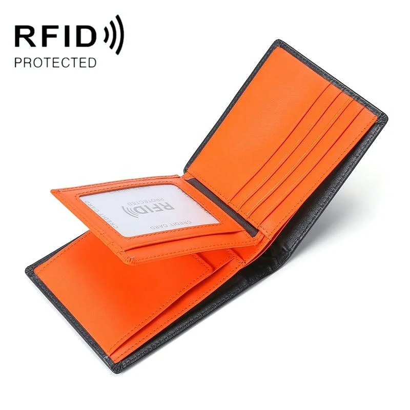 Rfid Blocking Leather Tri Fold Wallet - Orange
