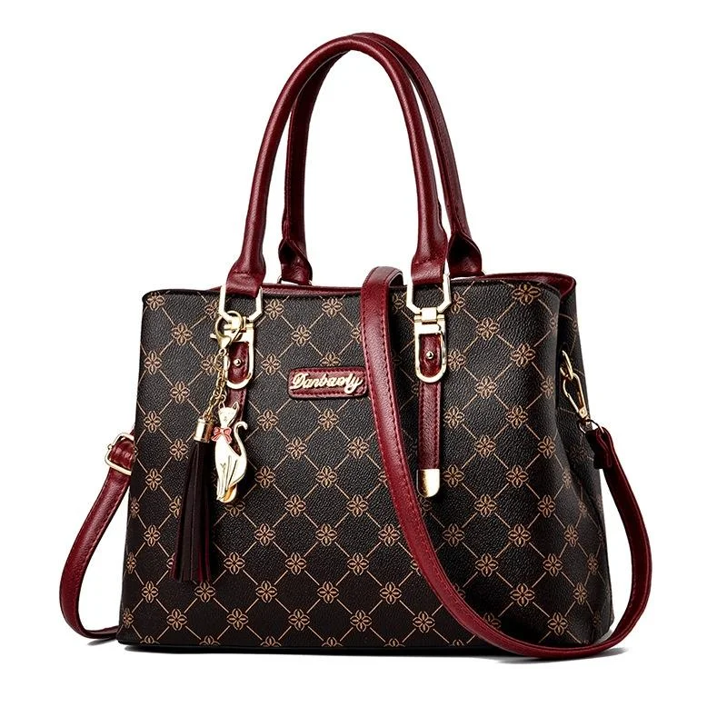 Large Capacity Printing Handbag - Dark Red Deep Coffee Print