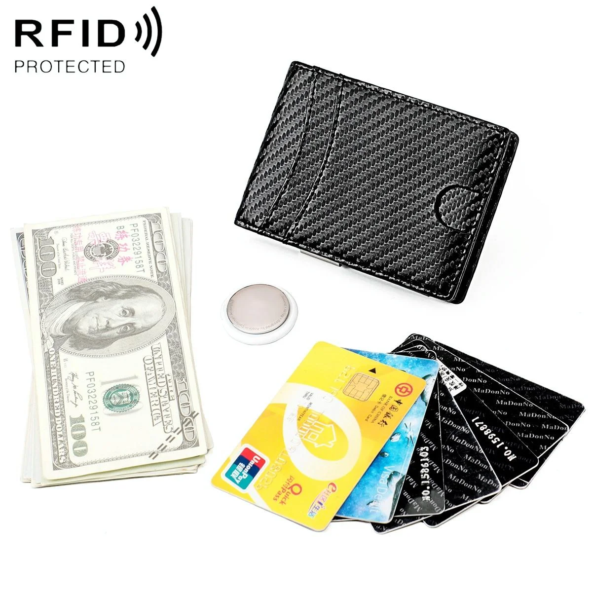 Leather Wallet with Rfid and Tracker Pocket for Men - Carbon Fiber Texture