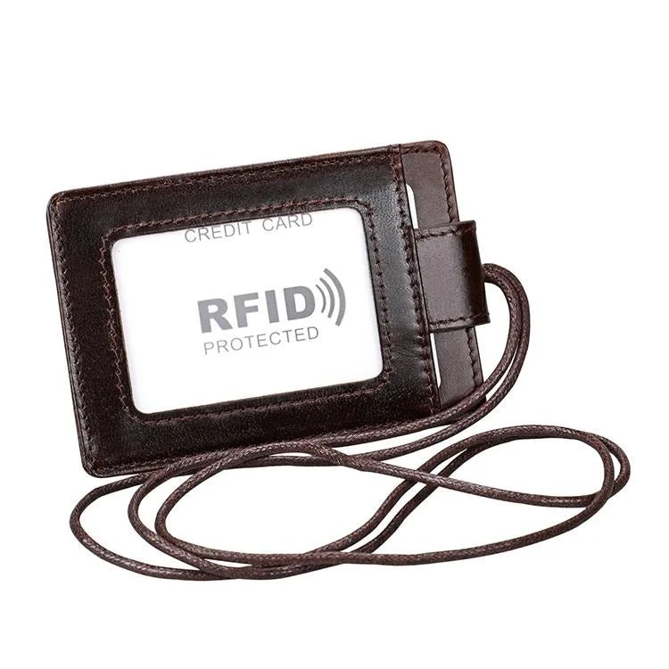 Leather Rfid Card Holder Lanyard - Compact & Secure - Coffee