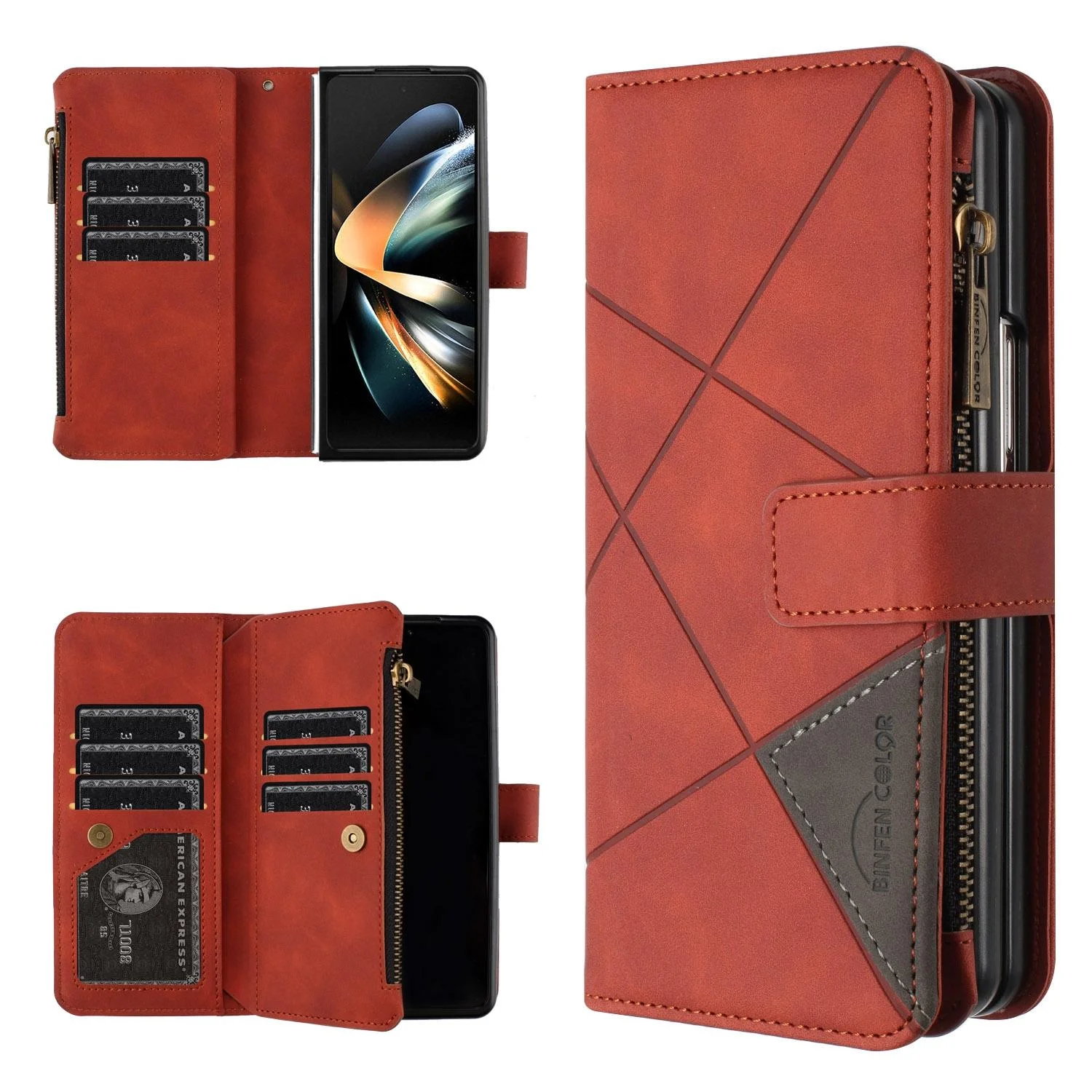 For Samsung Galaxy Z Fold4 5G Leather Zip Wallet With Rhombus Texture - Brown