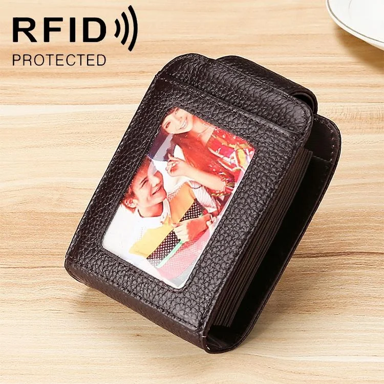 Women Vertical Cowhide Leather Rfid Wallet - Coffee