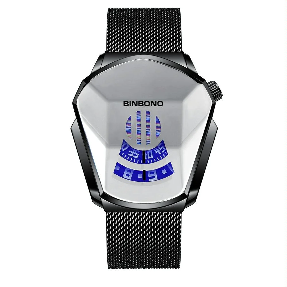 Black Technology Men Watch with Locomotive Concept - Black Net Belt-Black Steel-White Face