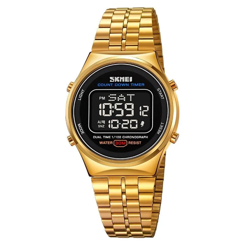 Waterproof Multifunctional Men Digital Watch - Luminous Stainless Steel - 30m - Gold Black