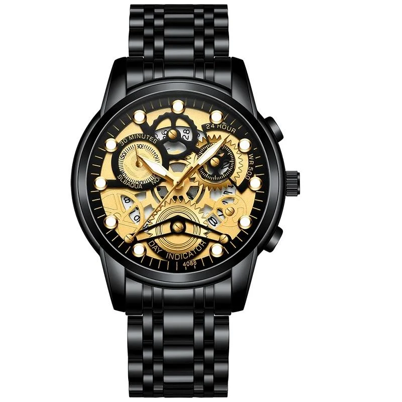 Waterproof Luminous Men Quartz Watch - Hollow Design - Black Steel Black Surface Gold Nails