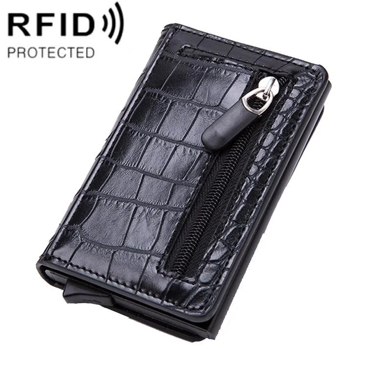 Stainless Steel Rfid Credit Card Holder - Compact Design - Crocodile Grain Black
