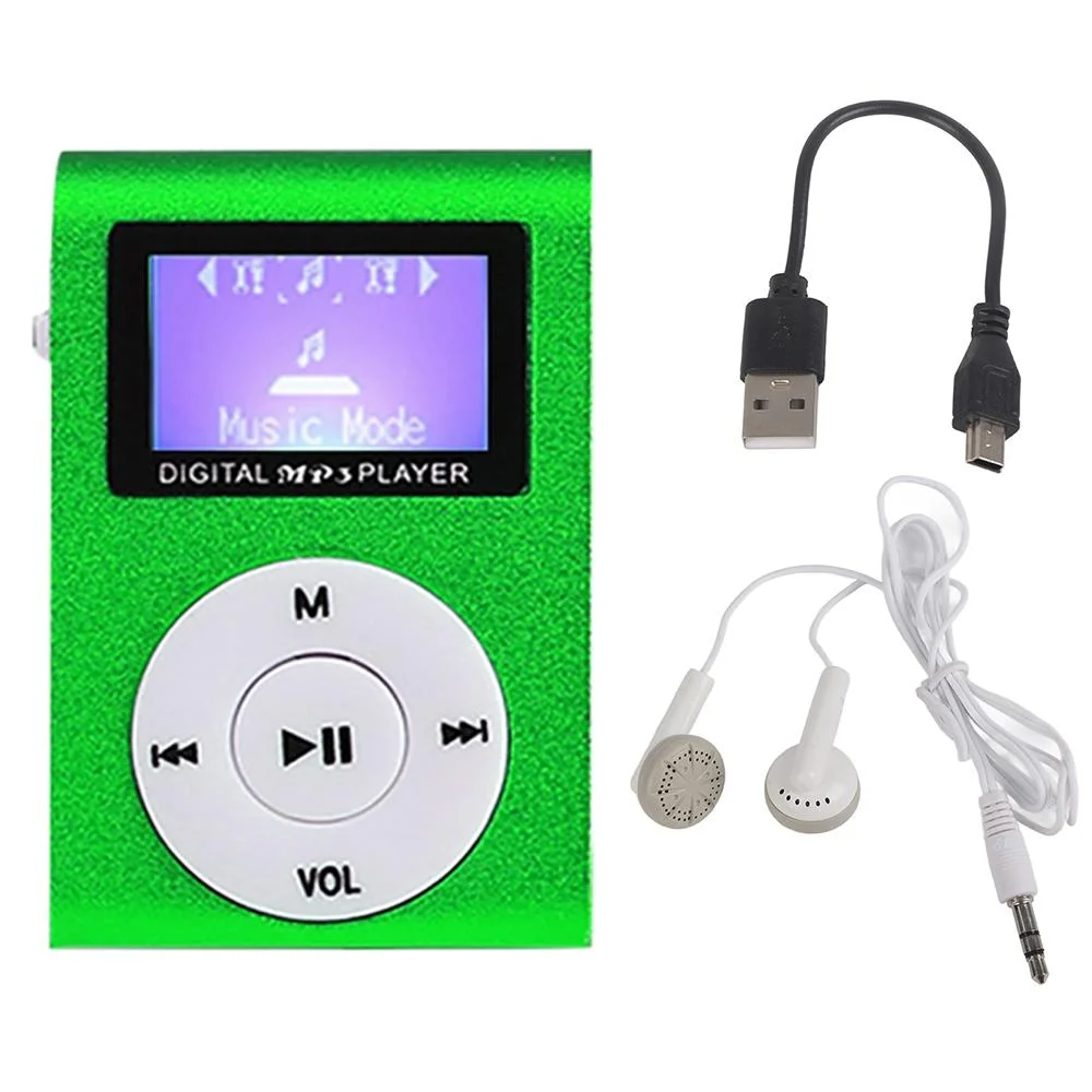 Metal Mini Mp3 Player + Earphones & Cable - Green