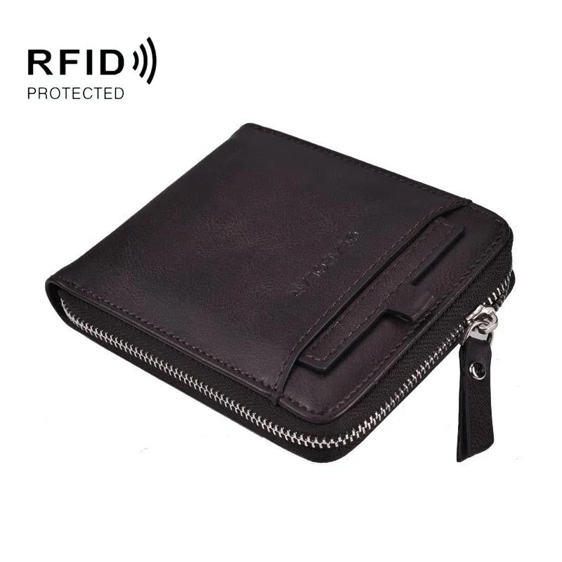 Men Retro Rfid Zip Wallet - Zipper Closure - Dark Coffee