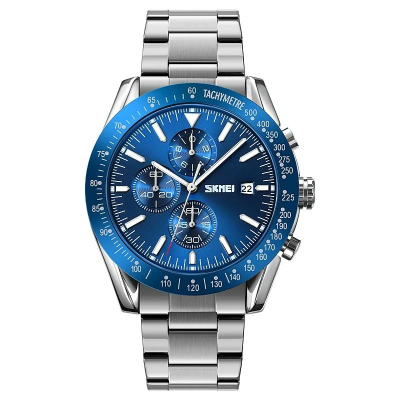 Stainless Steel Strap Quartz Watch for Men with Date and Six Pin Design - Silver Blue