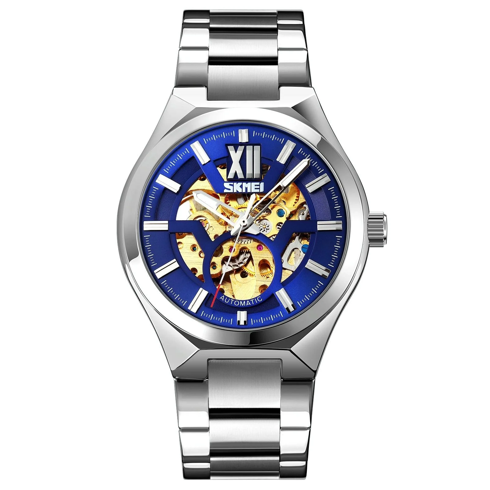 Men Automatic Mechanical Watch with Two-tone Stainless Steel Strap - Silver Shell Blue Surface