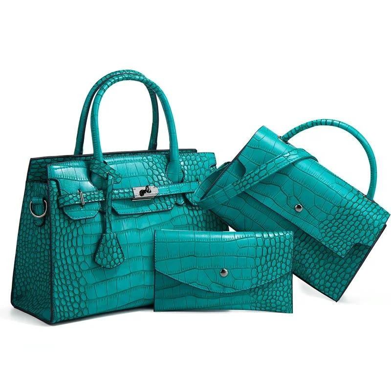 Large Capacity 3-in-1 Crocodile Print Crossbody Tote - Diagonal Design - Peacock Green