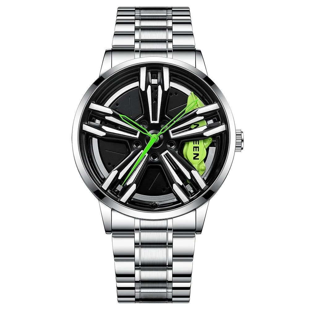 Men Metal Motorcycle Watch with Rotating Hub - White Steel Green Surface