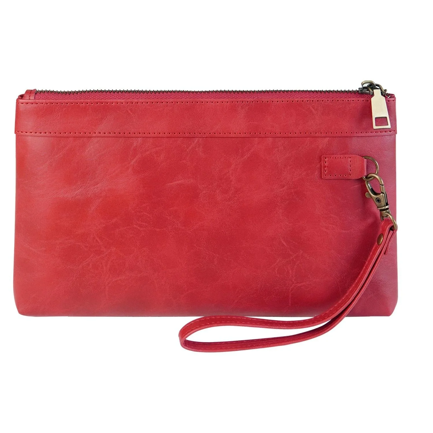 Vintage Leather Envelope Clutch with Zipper Closure - Red