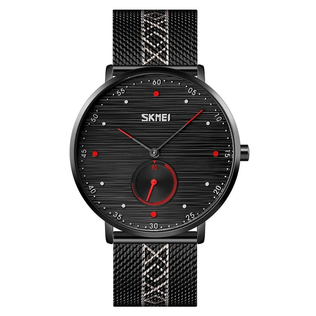 Men Striped Arabic Numeral Mesh Quartz Watch - Horizontal Design - Red