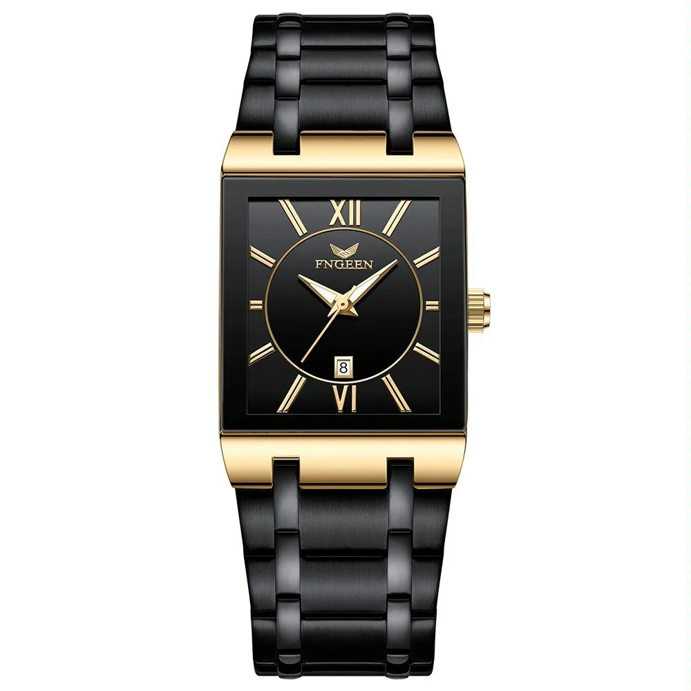 Waterproof Square Men Watch with Calendar - 50m - Black Belt Gold Shell Black Surface