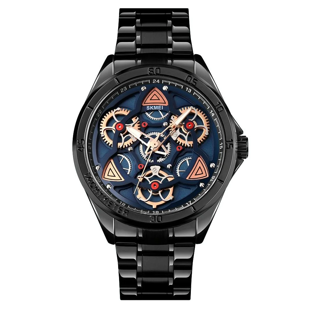 Waterproof Men Quartz Watch with Rotatable Gear Dial - Black Shell Blue Surface