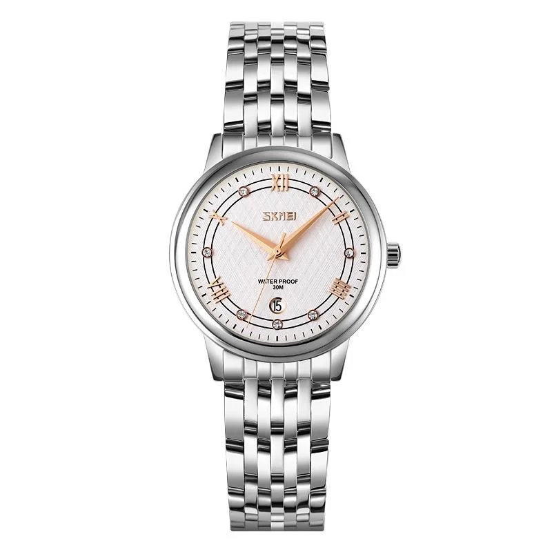 Waterproof Quartz Watch with Stainless Steel Buckle Strap for Women - Silver Shell Silver Surface