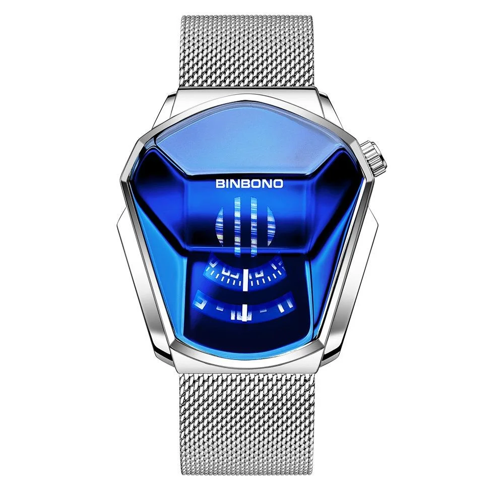 Black Technology Men Watch with Locomotive Concept - White Net Belt-White Steel-Blue Face