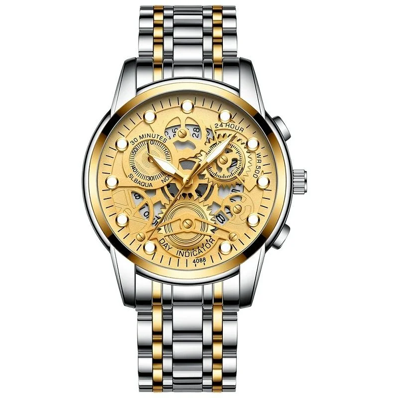 Waterproof Luminous Men Quartz Watch - Hollow Design - Gold And Gold Surface
