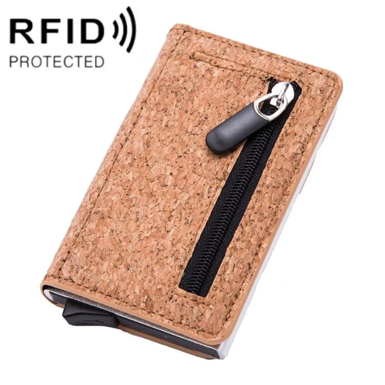 Stainless Steel Rfid Credit Card Holder - Compact Design - Wood Grain Apricot