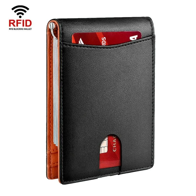 Rfid-protected Leather Wallet - Flat Pattern Orange Inside