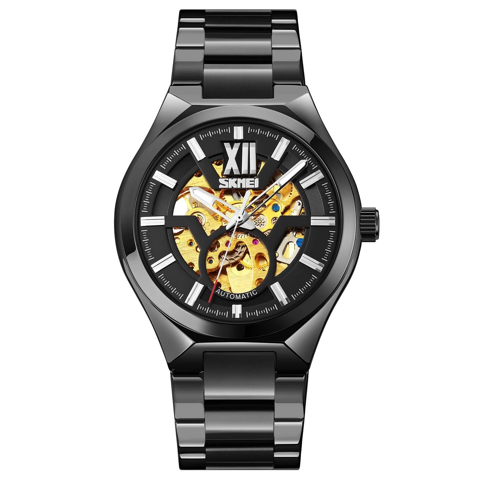 Men Automatic Mechanical Watch with Two-tone Stainless Steel Strap - Black Shell Black Surface