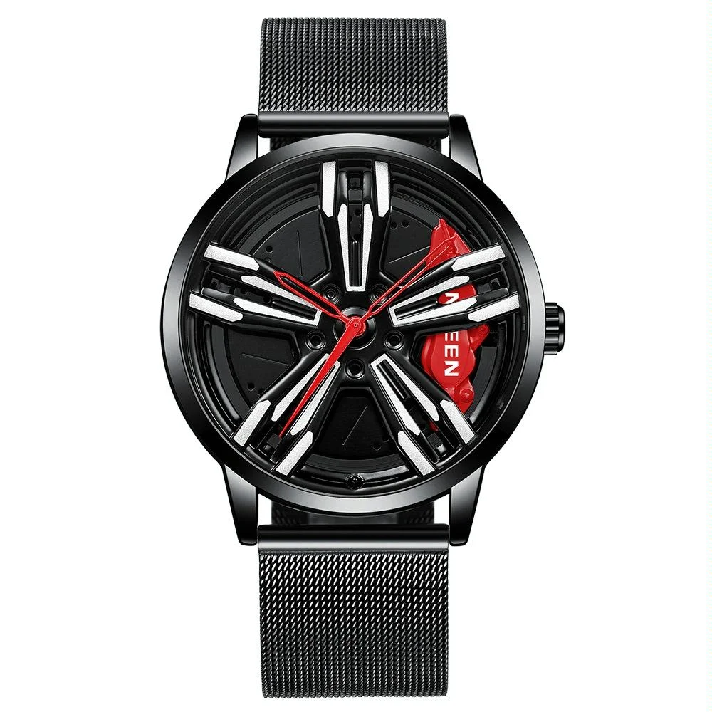 Men Metal Motorcycle Watch with Rotating Hub - Black Net Black Steel Red Surface