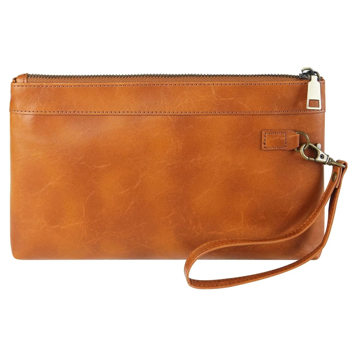 Vintage Leather Envelope Clutch with Zipper Closure - Brown