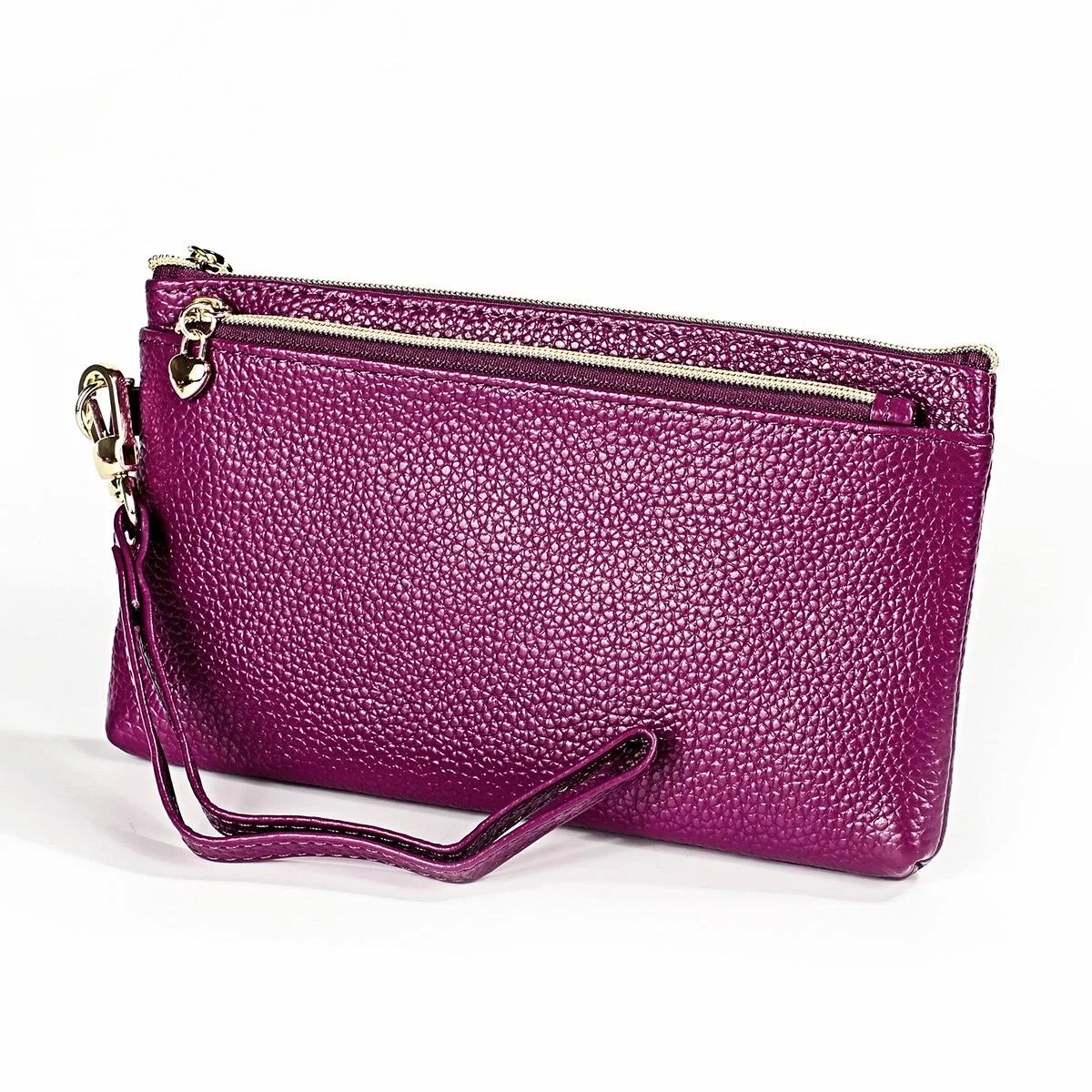 Versatile Cowhide Zipper Key Pouch in Purple