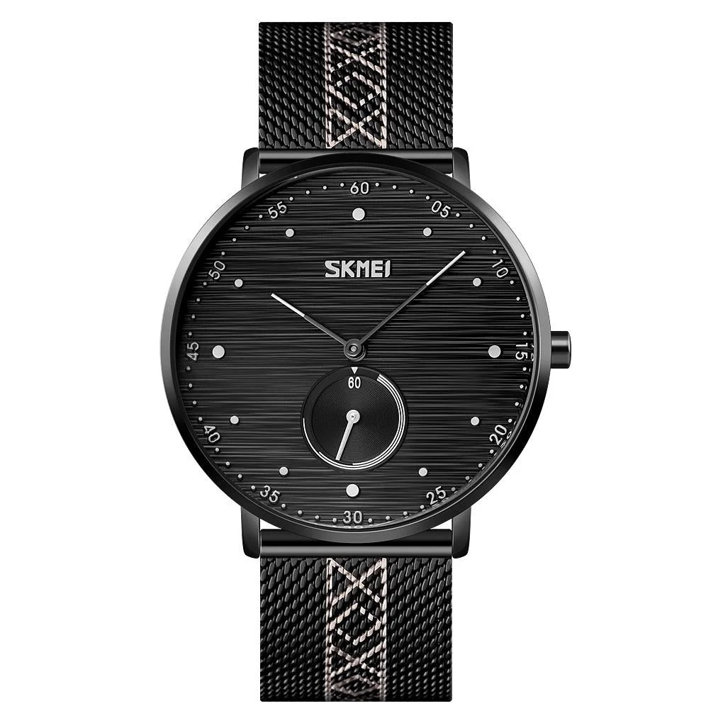 Men Striped Arabic Numeral Mesh Quartz Watch - Horizontal Design - Black