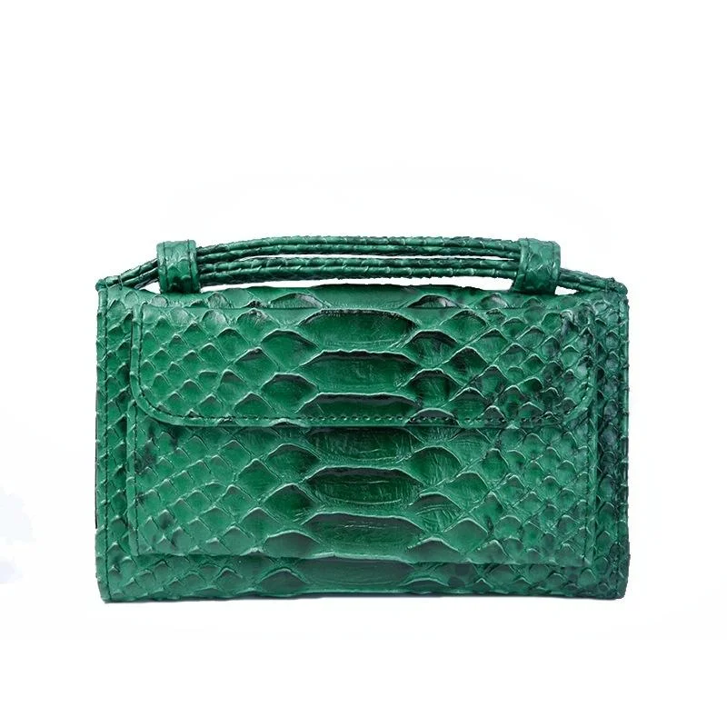 Snake Texture Print Clutch Long Crossbody Bag With Chain - 13 Two Colour Green
