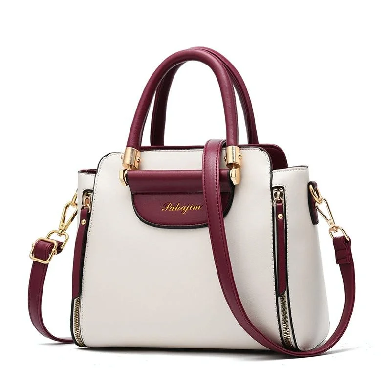 Contrast Material Ladies Handbag - Red Wine White