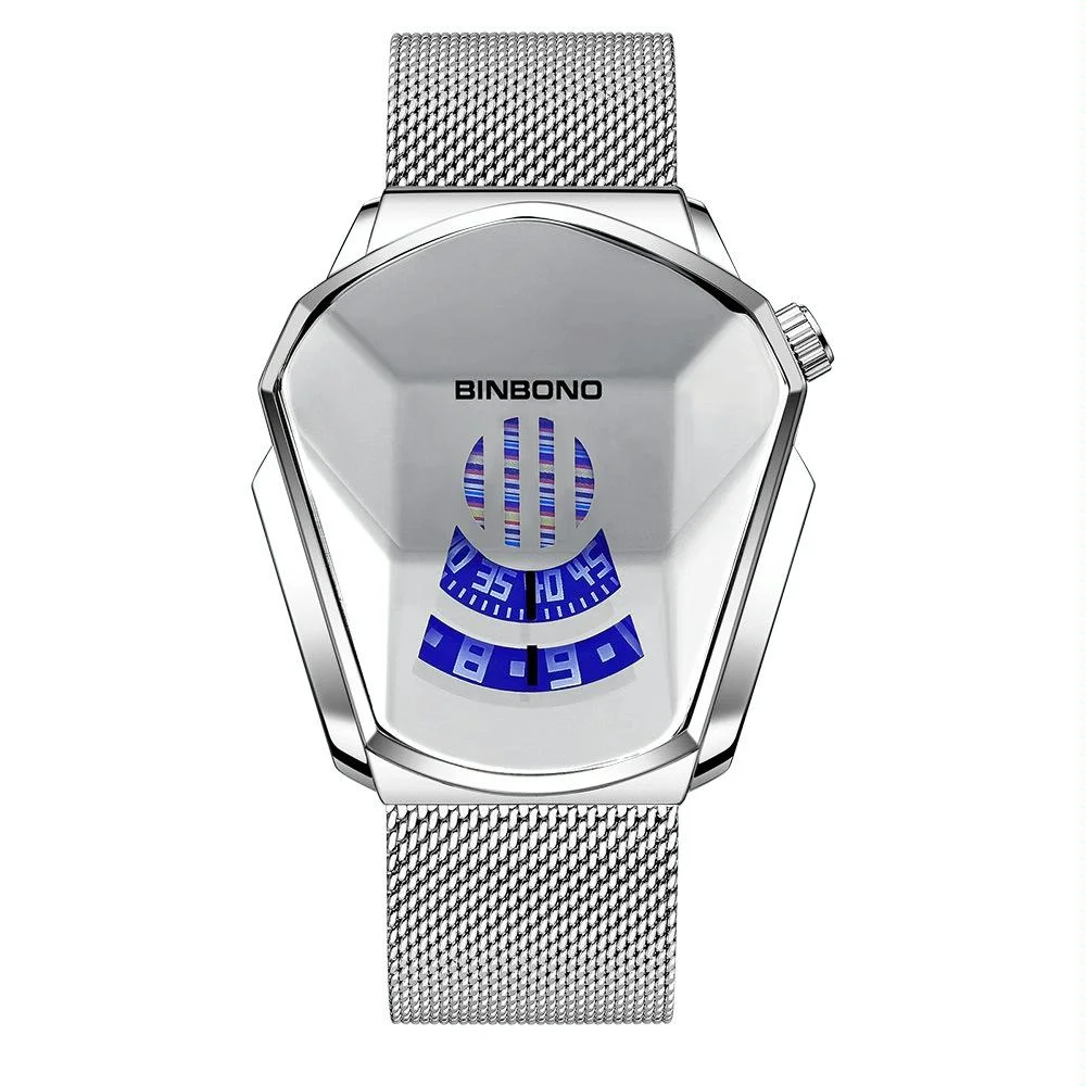 Black Technology Men Watch with Locomotive Concept - White Net Belt-White Steel-White Face