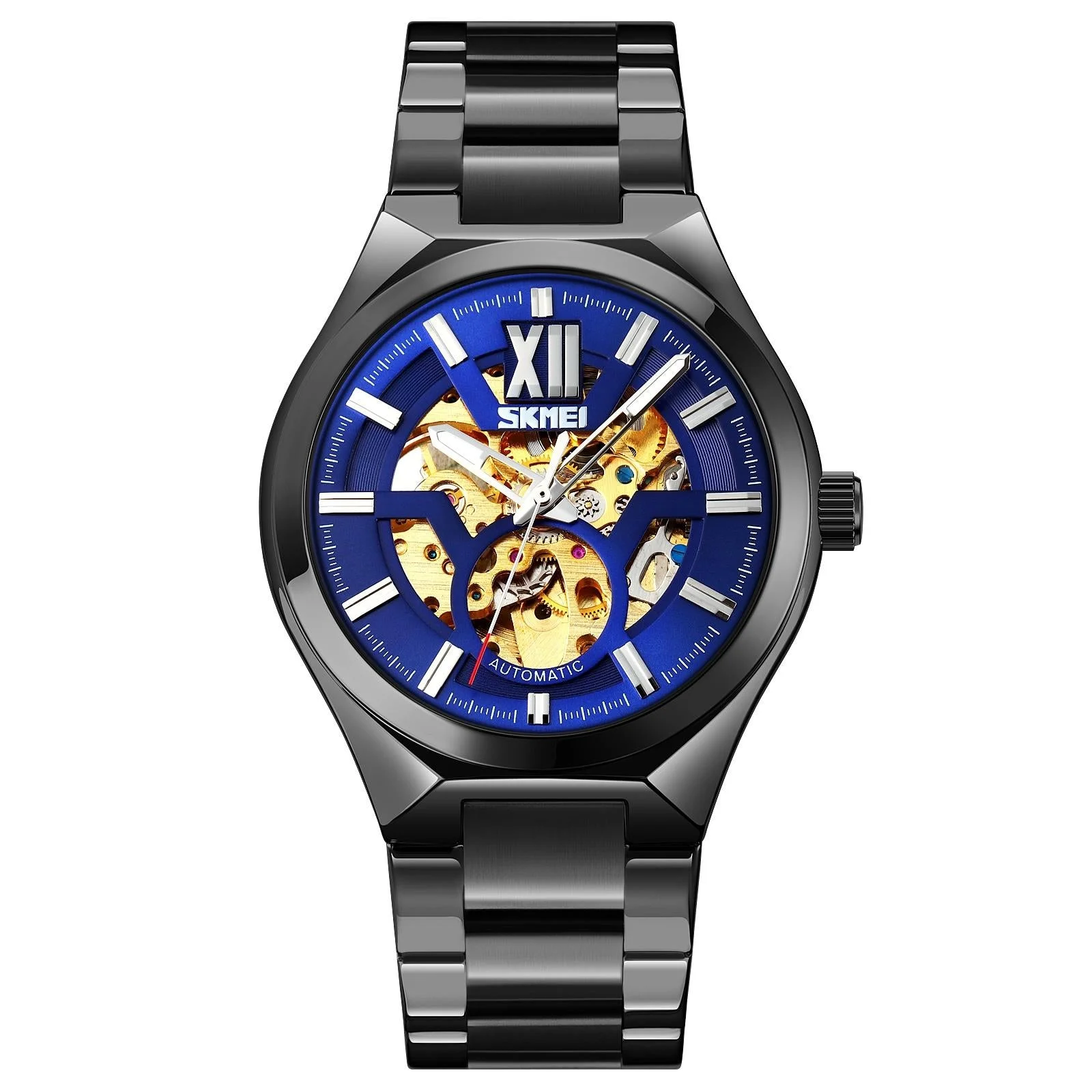 Men Automatic Mechanical Watch with Two-tone Stainless Steel Strap - Black Shell Blue Surface