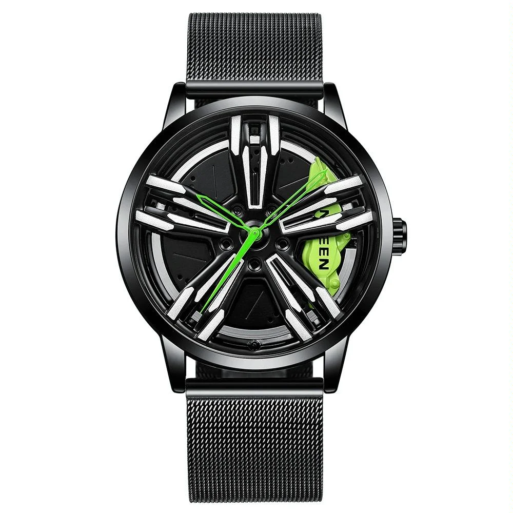 Men Metal Motorcycle Watch with Rotating Hub - Black Net Black Steel Green Surface