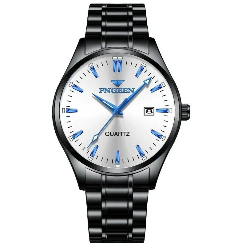 Simple Luminous Quartz Watch for Men with Calendar - Black Steel White Surface