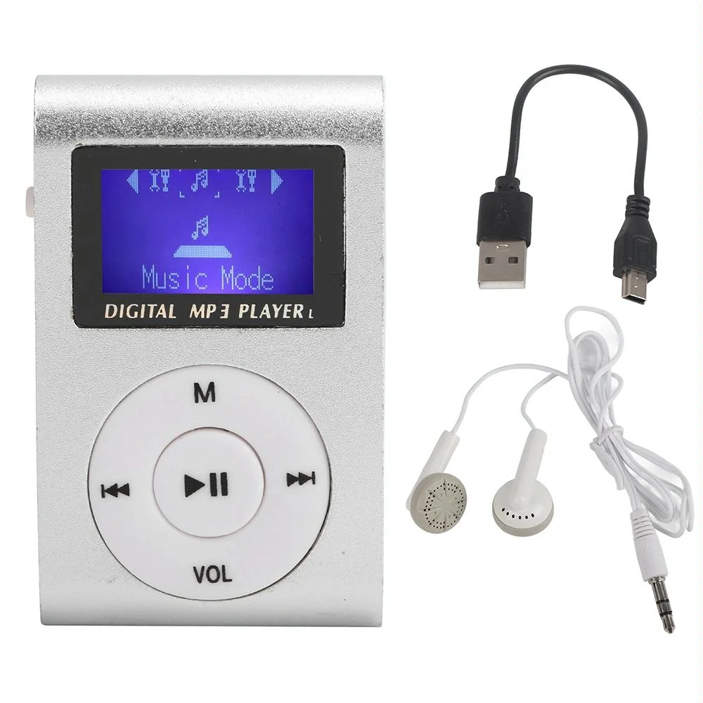 Metal Mini Mp3 Player + Earphones & Cable - Silver Gray