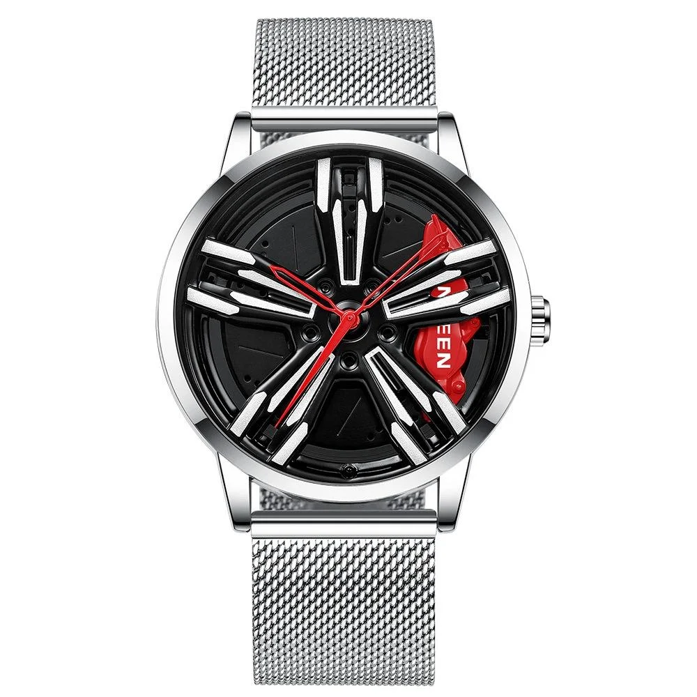 Men Metal Motorcycle Watch with Rotating Hub - White Net White Steel Red Surface