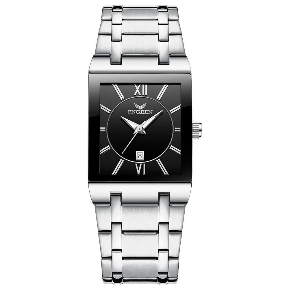Waterproof Square Men Watch with Calendar - 50m - White Steel Black Surface