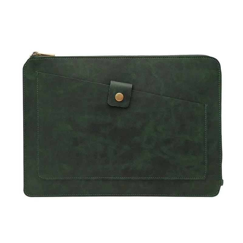 Leather Laptop Tablet Bag with Zipper for Macbook Samsung Sony Dell Alienware Chuwi Asus Hp - Dark Green