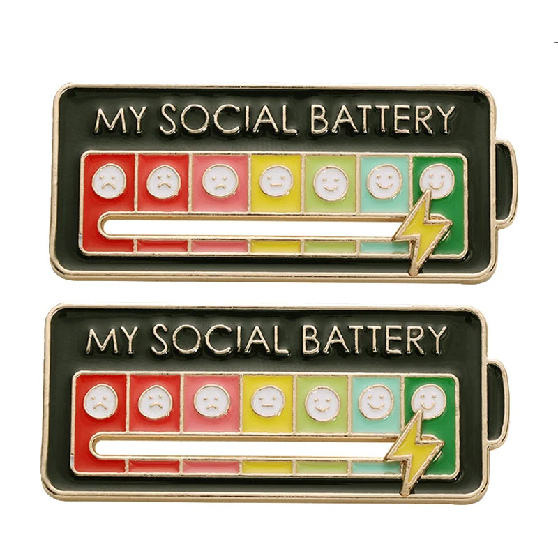 Vibe Geeks Creative Social Battery Energy Enamel Pins Mood Jewelry Brooches - Black - 2 Pcs
