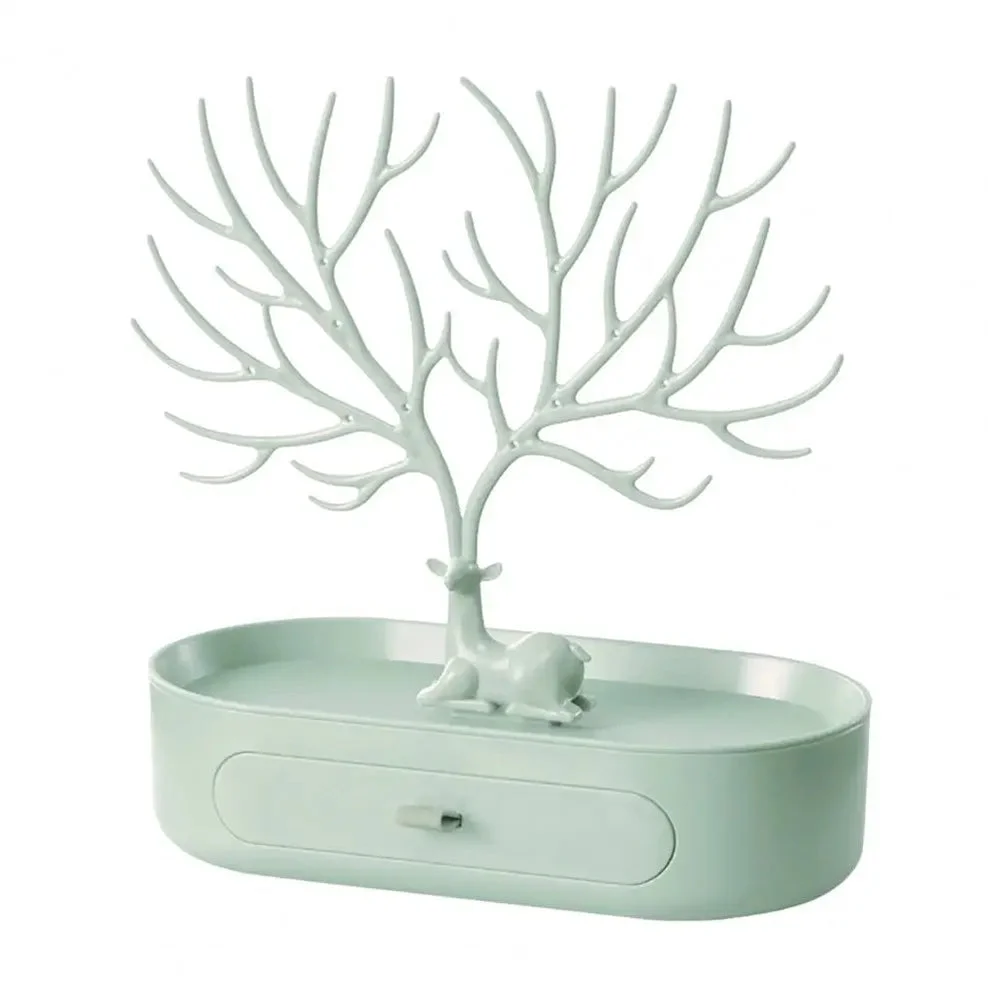 Vibe Geeks Antlers Tree Tower Jewelry Display Stand for Ring Earrings Necklace Bracelet - Green Drawer Model