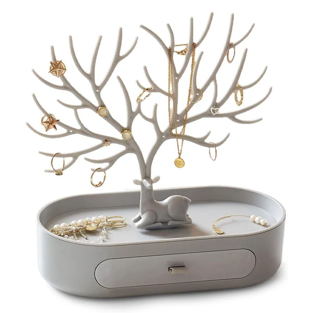 Vibe Geeks Antlers Tree Tower Jewelry Display Stand for Ring Earrings Necklace Bracelet - Grey Drawer Model