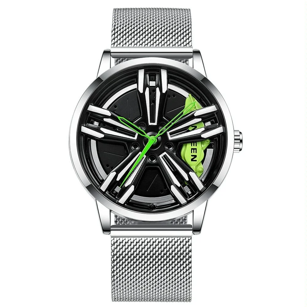 Men Metal Motorcycle Watch with Rotating Hub - White Net White Steel Green Surface