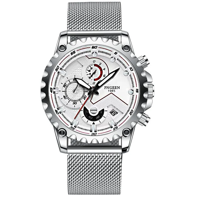 Stainless Steel Waterproof Men Sports Watch - White Net White Shell White Surface