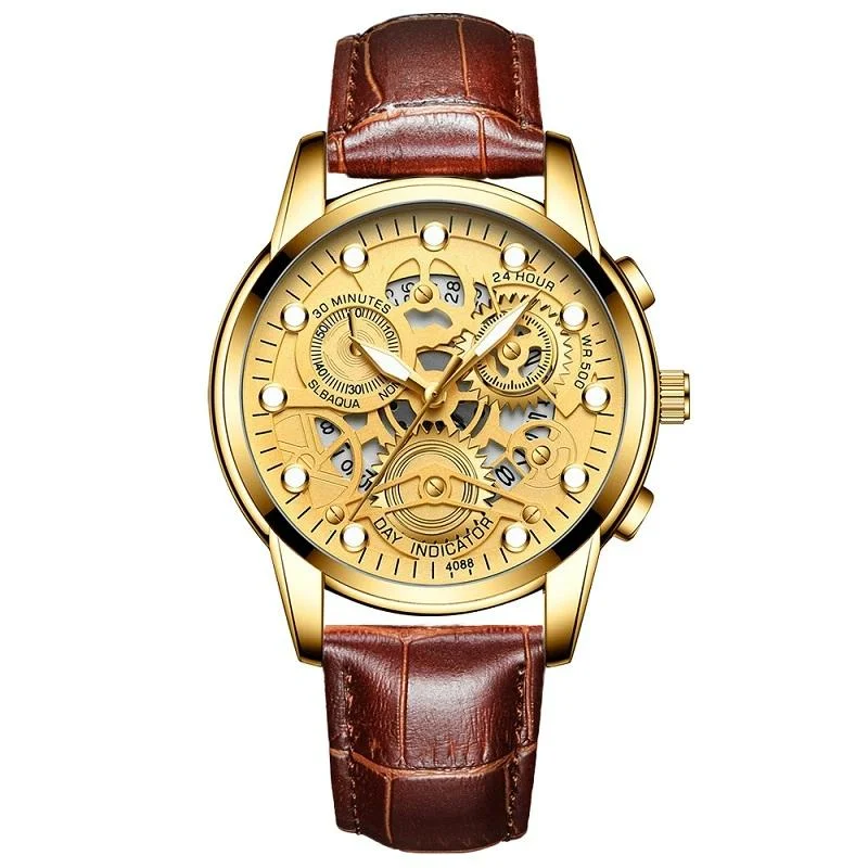 Waterproof Luminous Men Quartz Watch - Hollow Design - Brown Leather Full Golden Surface