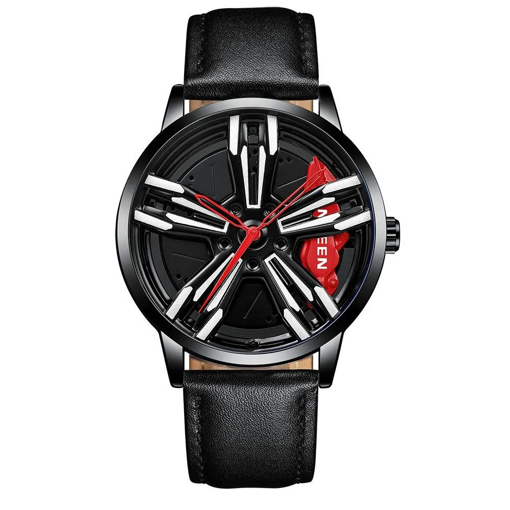 Men Metal Motorcycle Watch with Rotating Hub - Black Leather Black Steel Red Surface