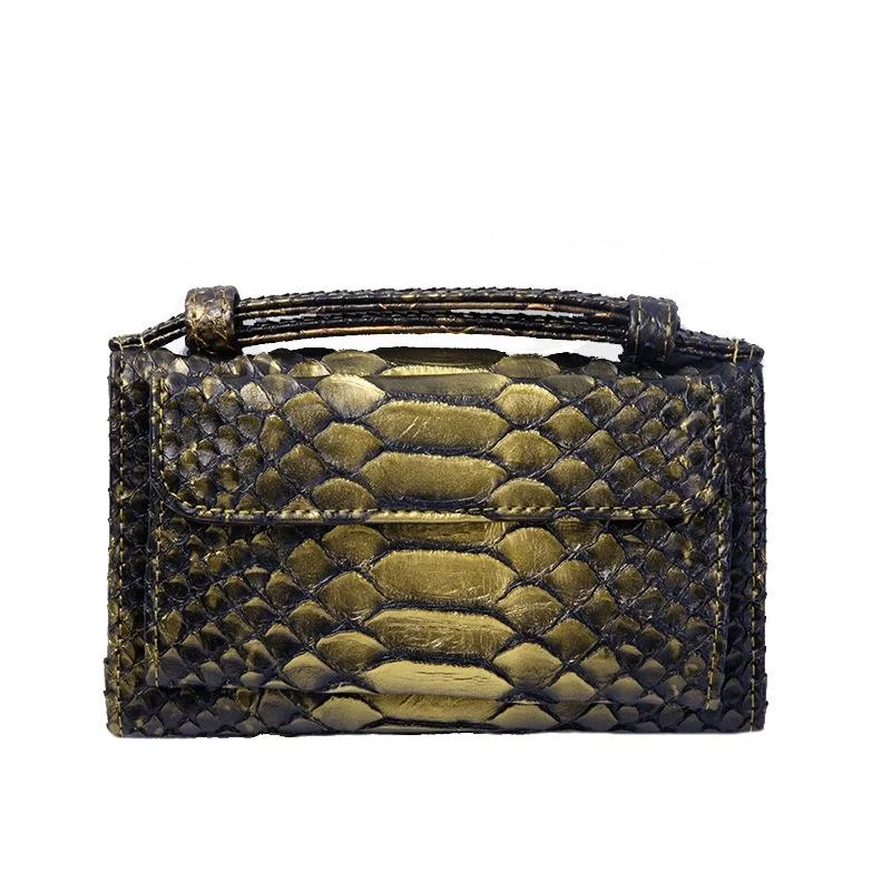 Snake Texture Print Clutch Long Crossbody Bag With Chain - 4 Dark Gold