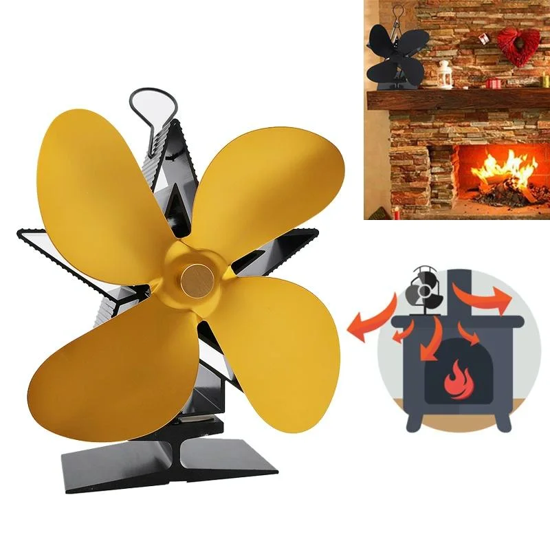 Efficient 4-blade Heat-powered Stove Fan - Aluminum - Gold